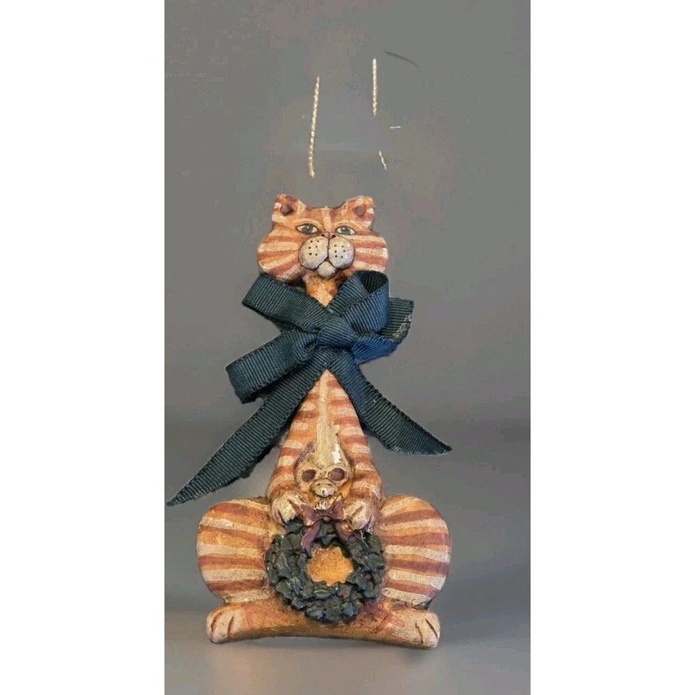 Kurt Adler Yellow Stripe Cat with Mouse & Wreath Christmas Ornament
